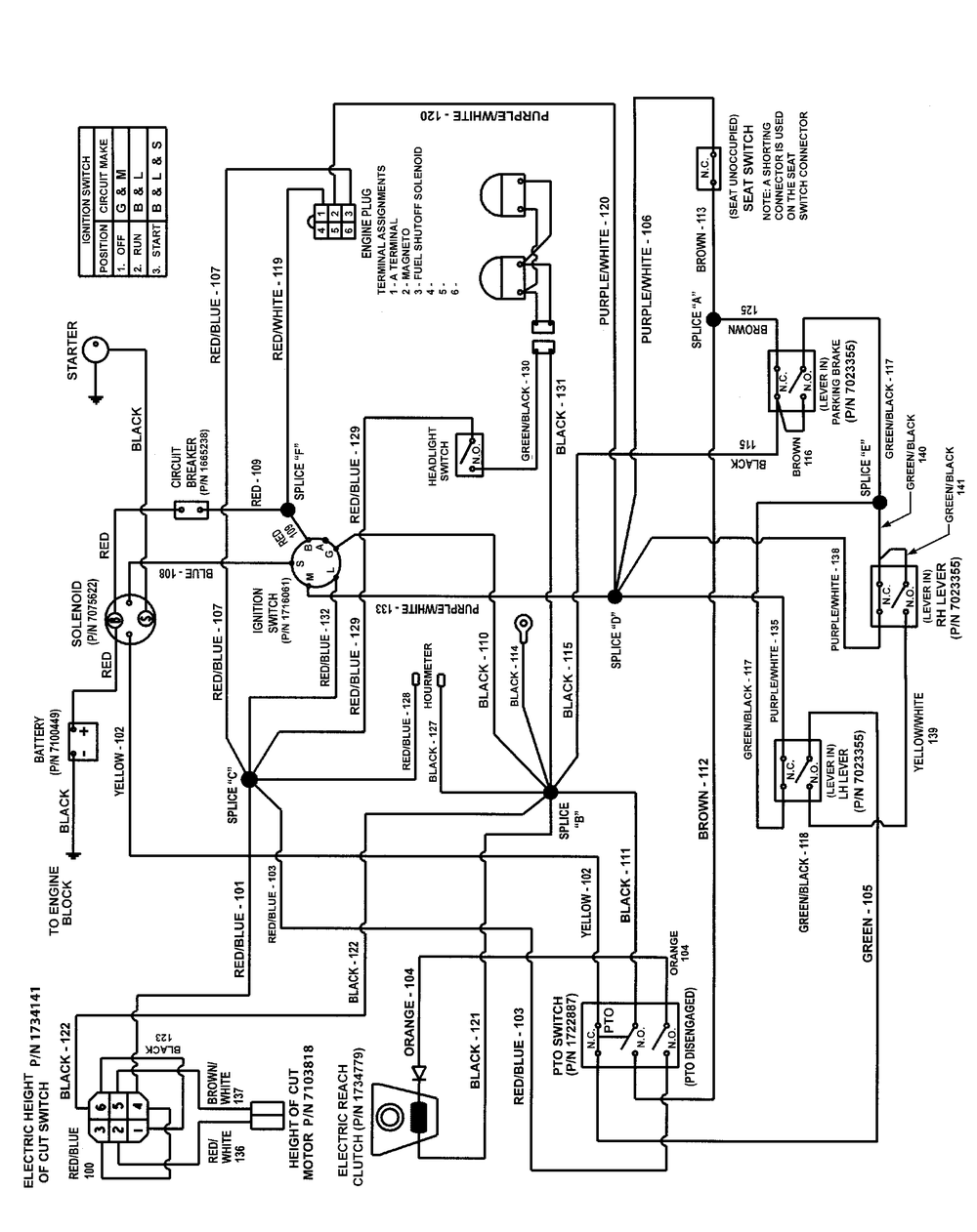 Wiring Schematic Diagram and Parts List for 107280063-7800753A,ZTS7000 2011 Briggs and Stratton Lawn Tractor Accessories